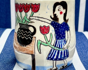 Handmade Whimsical MUG Woman Arranging Red TULIPS, Orange CAT - Made to Order - Finely Detailed, Table, Rustic Vase - Stoneware Sturdy