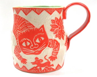 SGRAFFITO Carved MUG - Sly CAT, Fleeing Mouse, Scared Bird - Coffee Tea Cup Mug - Mexican Folk Art Style,Choose Your Colors