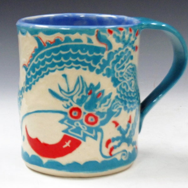 Sgraffito DRAGON ART Pottery MUG - 5-Toed Asian Monster Folk Art - Sgraffito Carved Ceramics - Bulging Eyes, Fiery Tongue, Sharp Claws