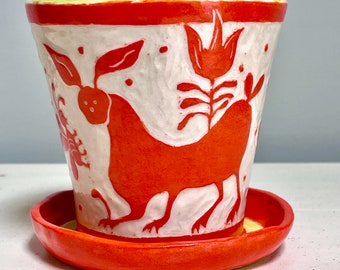 Bright FLOWER POT & Saucer with Drainage Hole- Silly Animals and Flowers Otami Style - Use Inside or Out - Folk Art Style
