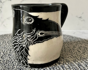 HANDMADE Edgy, Fierce Black RAVEN MUG Sgraffito - Crow & Thorny Vine - Made-to-Order- Stoneware Sturdy - One of a Kind