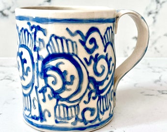 Handmade MUG BOHEMIAN Design - Delicate Swirls and Curls Hand-PAINTED - Sturdy Stoneware for Everyday Use - Inspired By Antique Design