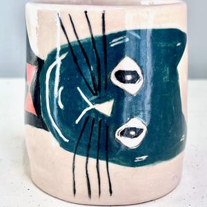 Handmade Stoneware Cat Mug: Silly Kitty with Bowtie, 11-12 oz