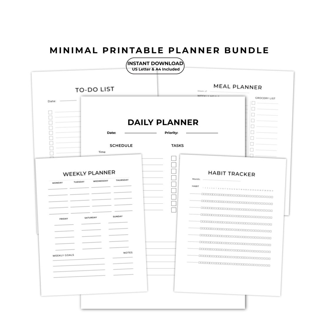 Minimal Printable Planner Bundle | Daily Weekly to Do Habit Meal | US ...