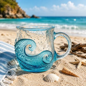 May include: A clear glass mug featuring a textured surface with small air bubbles and a raised, sculpted blue wave design wrapping around the exterior. The mug has a sturdy handle and a wide rim, crafted from transparent glass with blue accents.