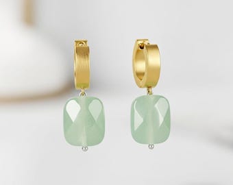 Rectangle Aventurine Gemstone Gold Hoop Dangle Earrings