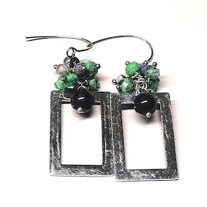 Handmade Bold Cluster Multi Gemstone Rectangle Pendant Drop Earrings