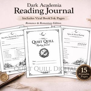 May include: A collection of printable reading journal pages with a dark academia theme. The pages include sections for book reviews, mood ratings, and notes. The design features elegant fonts and decorative elements, with the text "Dark Academia Reading Journal".