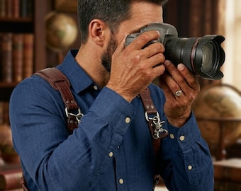 Handgemaakte leren DSLR-riem met dubbel cameraharnas