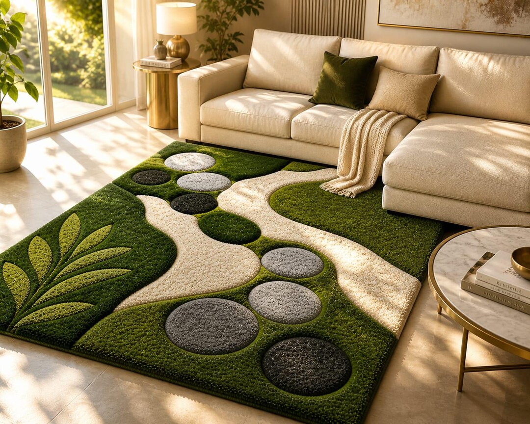 Zen Rug Patterns Zen Garden Rug | Green Stone Pattern Abstract Carpet | Japandi Boho ...