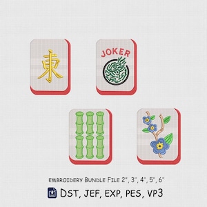 May include: An embroidery bundle featuring four Mahjong tile designs. The tiles include a character, a Joker card with a green dragon, bamboo stalks, and blue flowers. The text "EMBROIDERY BUNDLE FILE 2", 3", 4", 5", 6"" is also present.