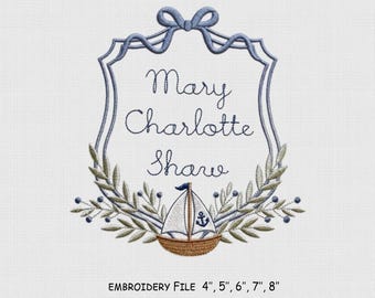 Sailboat Frame Embroidery Design, Monogram Embroidery File, 5 Size, Instant Download.