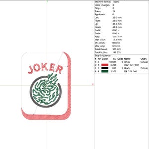 May include: A machine embroidery design of a playing card with the word "JOKER" in red letters. The card features a circular design with green and black details. The card's border is outlined in red.