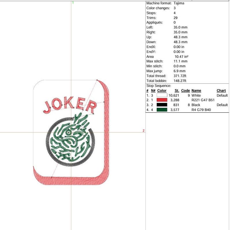 May include: A machine embroidery design of a playing card with the word "JOKER" in red letters. The card features a circular design with green and black details. The card's border is outlined in red.