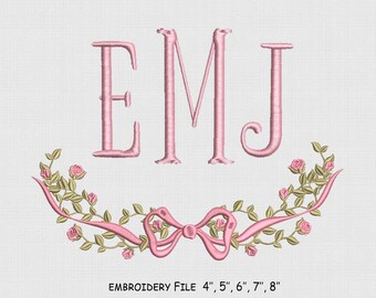 Flowers And Bow Embroidery Design, Monogram Bow Embroidery File, 5 Size, Instant Download.