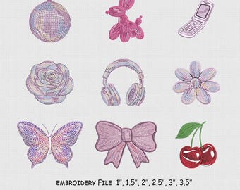 Set 9 Mini Y2K Icons Embroidery File, Cute Girly Embroidery Design, 5 Size, Instant Download.