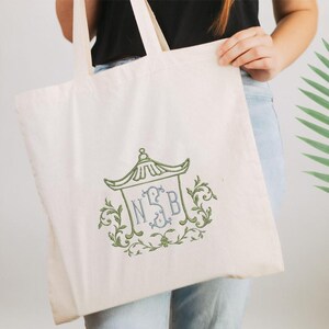 May include: A cream-colored canvas tote bag featuring an embroidered design of a green pagoda-style structure. Inside the structure, the letters N, S, and B are stitched in a light blue, ornate, cursive font, surrounded by green leafy vines.