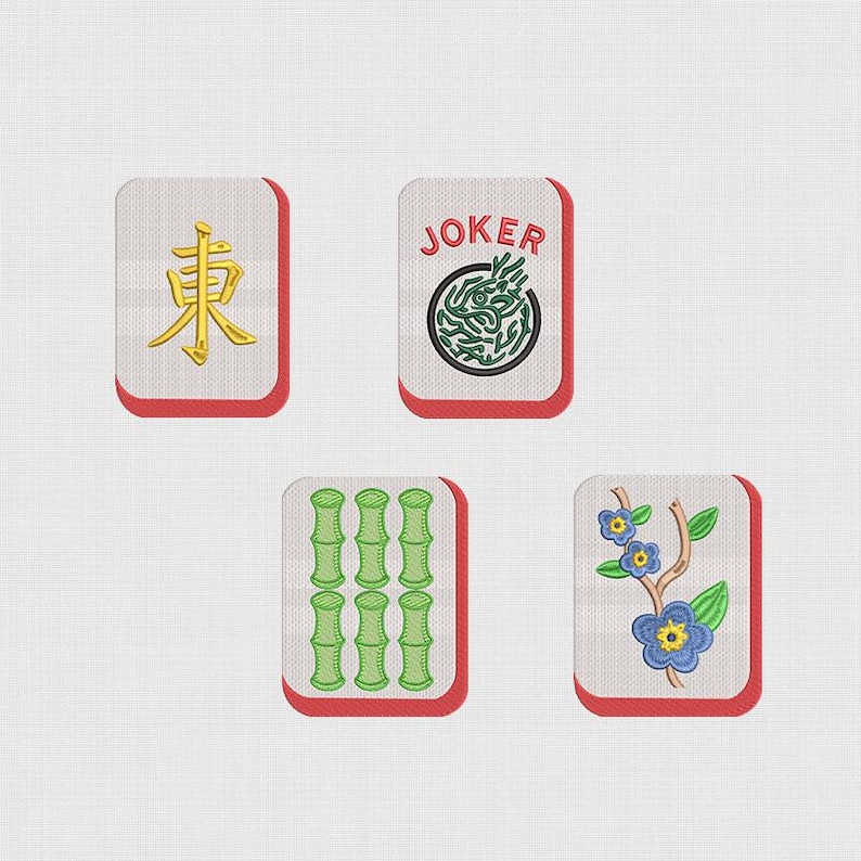 May include: Four embroidered Mahjong tiles. One tile features a gold character, another says "JOKER" with a green design, a third has green bamboo stalks, and the last has blue flowers.