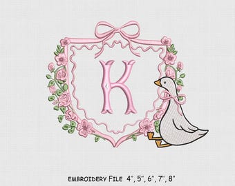 Goose Frame Flower Embroidery Design, Monogram Bow Embroidery File, 5 Size, Instant Download.