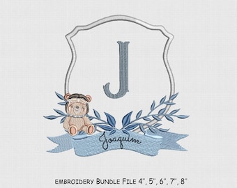 Bear Frame Embroidery Design, Monogram Bow Embroidery File, 5 Size, Instant Download.