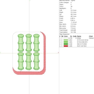 May include: An embroidery design featuring six green bamboo stalks arranged in two rows of three, within a white rounded rectangle. The design is outlined with a red border. The image also includes technical details.
