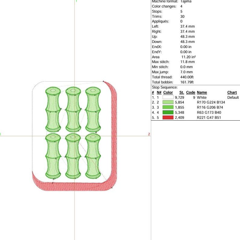 May include: An embroidery design featuring six green bamboo stalks arranged in two rows of three, within a white rounded rectangle. The design is outlined with a red border. The image also includes technical details.