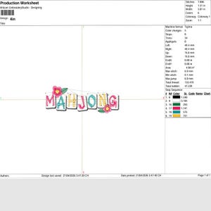 Puede incluir: Un dise&ntilde;o de bordado colorido con la palabra "MAHJONG" en may&uacute;sculas, cada letra de un color diferente. El dise&ntilde;o incluye flores rosas y hojas verdes, sobre un fondo blanco. El dise&ntilde;o tiene 10,16 cm de ancho.