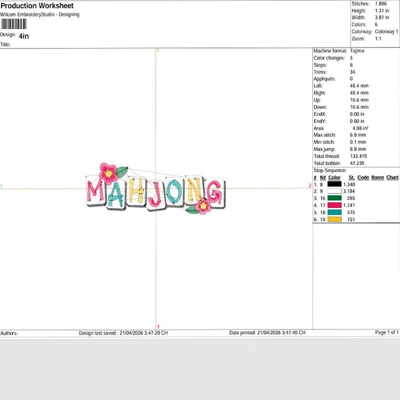Puede incluir: Un dise&ntilde;o de bordado colorido con la palabra "MAHJONG" en may&uacute;sculas, cada letra de un color diferente. El dise&ntilde;o incluye flores rosas y hojas verdes, sobre un fondo blanco. El dise&ntilde;o tiene 10,16 cm de ancho.