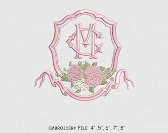 Pink Hydrangea Crest Monogram Frame Embroidery Design, Bow Embroidery File, 5 Size, Instant Download.