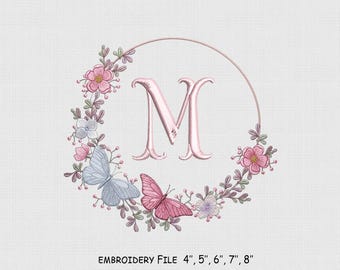 Floral Butterfly Frame Embroidery Design, Monogram Embroidery File, 5 Size, Instant Download.