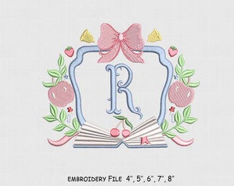Back To School Frame Crest Embroidery Design, Monogram Bow Embroidery File, 5 Size, Instant Download.