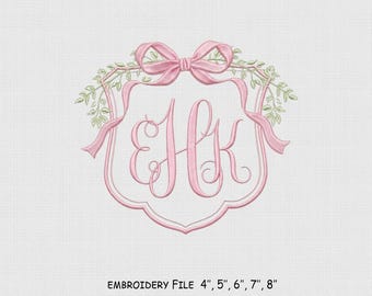 Floral Bow Frame Embroidery Design, Monogram Embroidery File, 5 Size, Instant Download.