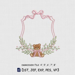 Bear Frame Embroidery Design, Monogram Bow Embroidery File, 5 Size, Instant Download.