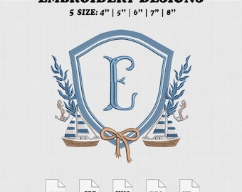 Sailboat Crest Embroidery Design, Monogram Embroidery File, 5 Size, Instant Download.