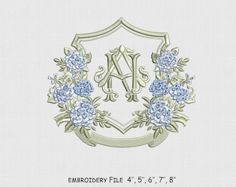 Blue Hydrangea Crest Monogram Frame Embroidery Design, Bow Embroidery File, 5 Size, Instant Download.