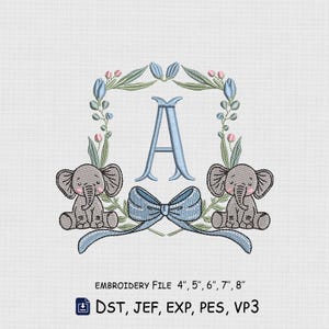 May include: An embroidery design featuring a central light blue letter A framed by a floral wreath of green leaves and small blue and pink tulips. Two grey baby elephants sit at the base, flanking a large light blue bow. Text reads: EMBROIDERY File 4", 5", 6", 7", 8" DST, JEF, EXP, PES, VP3.