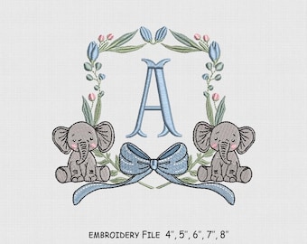 Elephant Monogram Frame Embroidery Design, Bow Embroidery File, 5 Size, Instant Download.