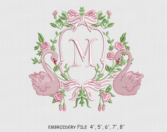 Swan Floral Monogram Frame Embroidery Design, Bow Embroidery File, 5 Size, Instant Download.