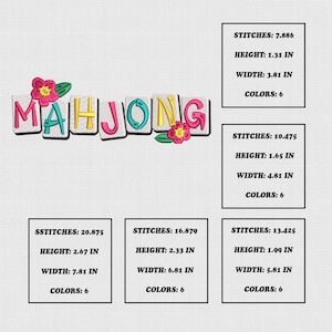 Puede incluir: Texto bordado "MAHJONG" en letras de bloque coloridas, adornado con flores rosas y hojas verdes. El texto mide 19,84 cm de ancho y 6,78 cm de alto. El dise&ntilde;o utiliza 6 colores.