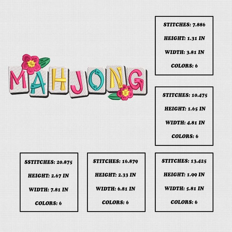 Puede incluir: Texto bordado "MAHJONG" en letras de bloque coloridas, adornado con flores rosas y hojas verdes. El texto mide 19,84 cm de ancho y 6,78 cm de alto. El dise&ntilde;o utiliza 6 colores.