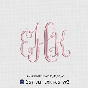 May include: A light pink monogram featuring the letters EJK in a cursive script embroidery font. The text below reads EMBROIDERY Font 3", 4", 5", 6" followed by the file formats DST, JEF, EXP, PES, VP3 with a download icon next to the text.