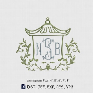 May include: An embroidery design featuring a light green pagoda frame surrounding a central light blue monogram with the letters N, S, and B. The design includes ornate leafy scrollwork at the base and text stating EMBROIDERY File 4", 5", 6", 7", 8" and DST, JEF, EXP, PES, VP3.