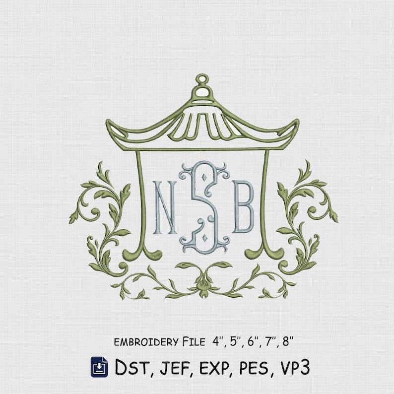 May include: An embroidery design featuring a light green pagoda frame surrounding a central light blue monogram with the letters N, S, and B. The design includes ornate leafy scrollwork at the base and text stating EMBROIDERY File 4", 5", 6", 7", 8" and DST, JEF, EXP, PES, VP3.