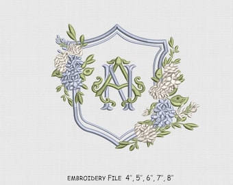Hydrangea Crest Monogram Frame Embroidery Design, Bow Embroidery File, 5 Size, Instant Download.