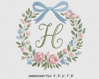 Flower Frame Embroidery Design, Bow Machine Embroidery File, 5 Size, Instant Download.