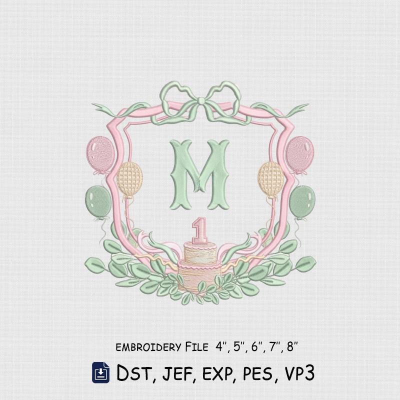 Birthday Monogram Bow Embroidery File, Frame Embroidery Design, 5 Size.