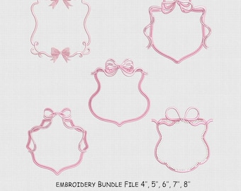 Set 5 Bow Frame Embroidery Design, Monogram Embroidery File, 5 Size, Instant Download.