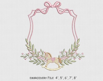 Rocking Horse Frame Embroidery Design, Monogram Bow Embroidery File, 5 Size, Instant Download.