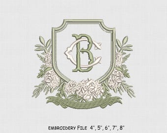 White Hydrangea Crest Monogram Frame Embroidery Design, Bow Embroidery File, 5 Size, Instant Download.