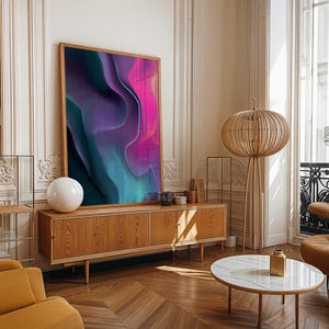 Abstracte print met vloeiende golven, neonkleurige muurdecoratie met kleurverloop, moderne kunst in paars en turquoise, digitale download